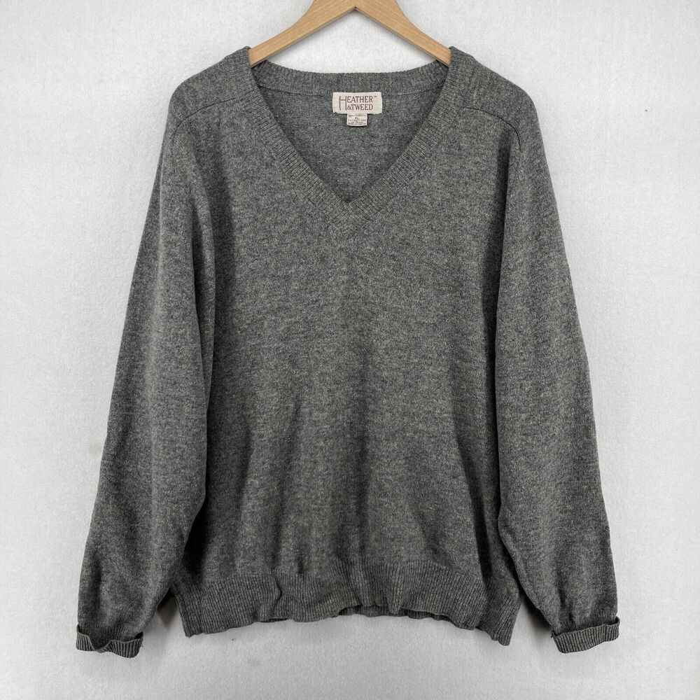 HEATHER & TWEED Sweater Mens XL Lambswool V-Neck Long Sleeve Pullover Gray HK